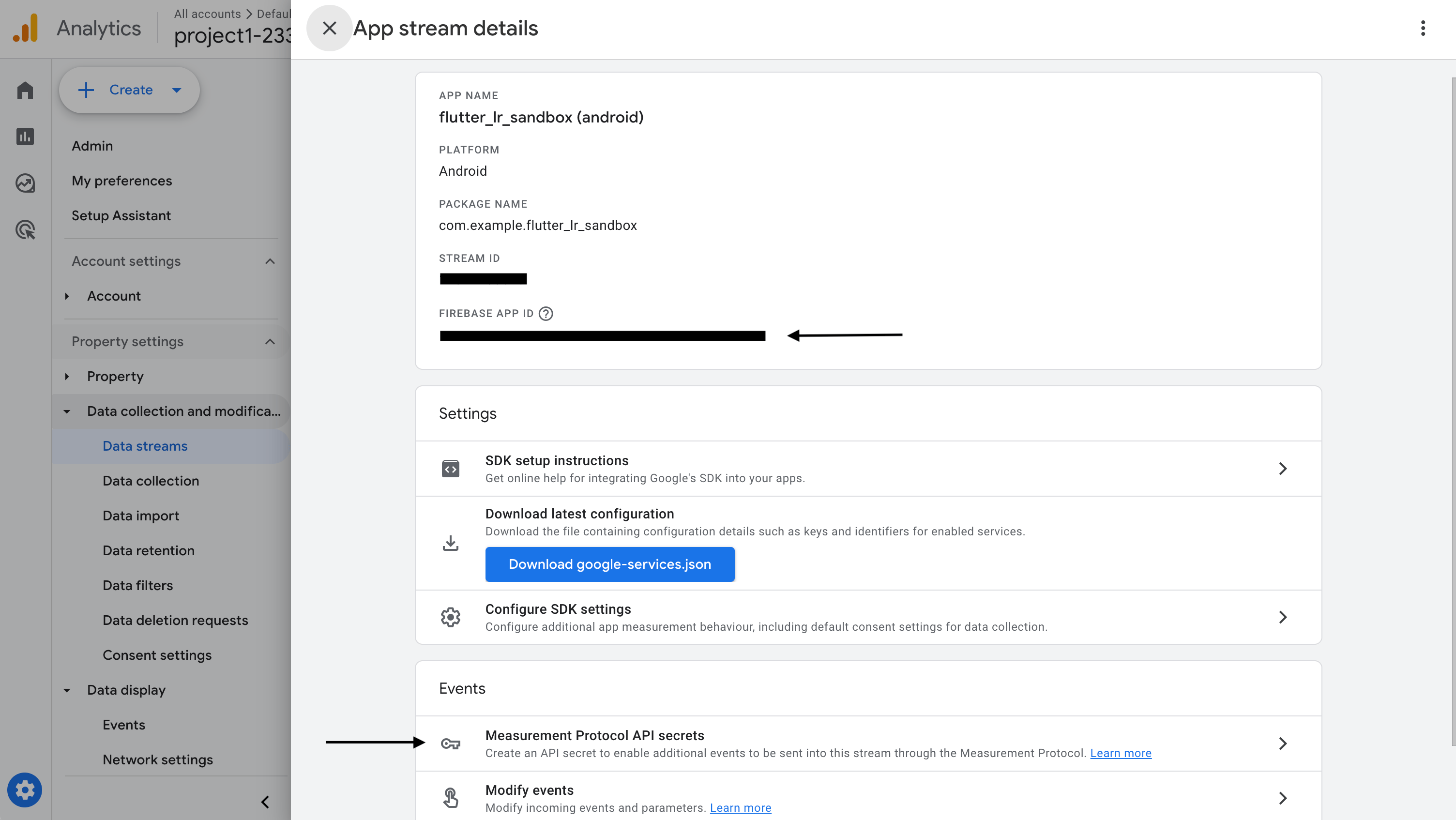 GA4 App stream details