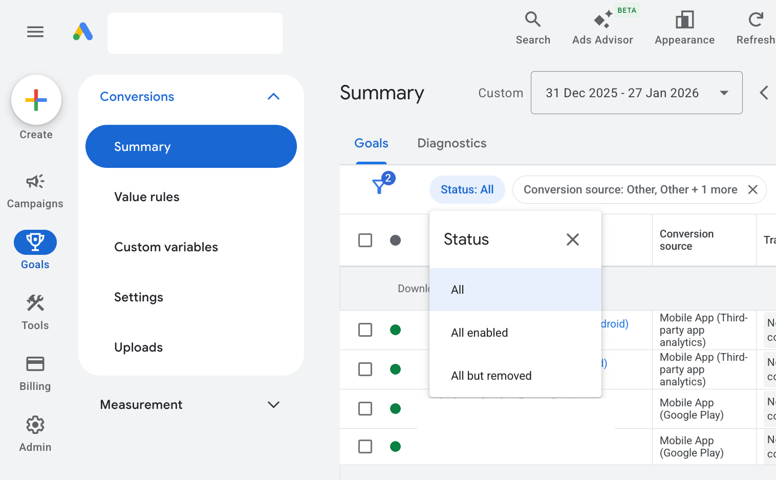 Google Ads - Status Filter