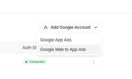 Google Ads Add Google Account dropdown with the Google Web to App Ads option