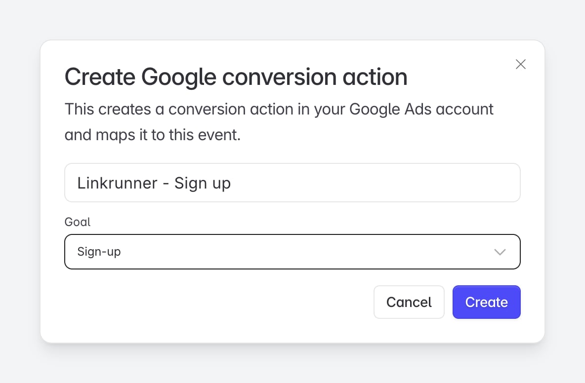 Create Google conversion action dialog with a name field and a Goal selector