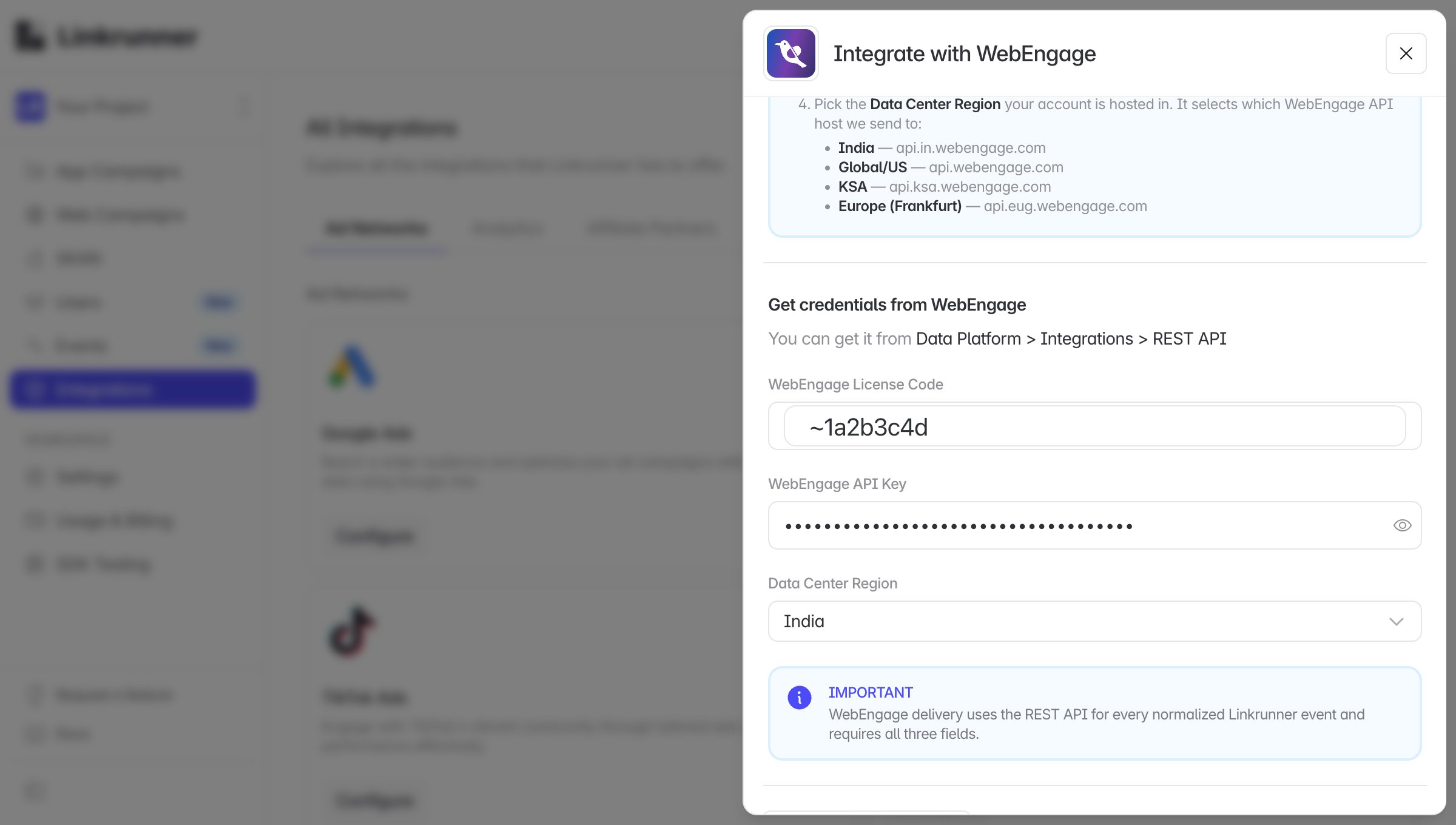 Linkrunner WebEngage integration drawer showing where to paste License Code, API Key, and Data Center Region