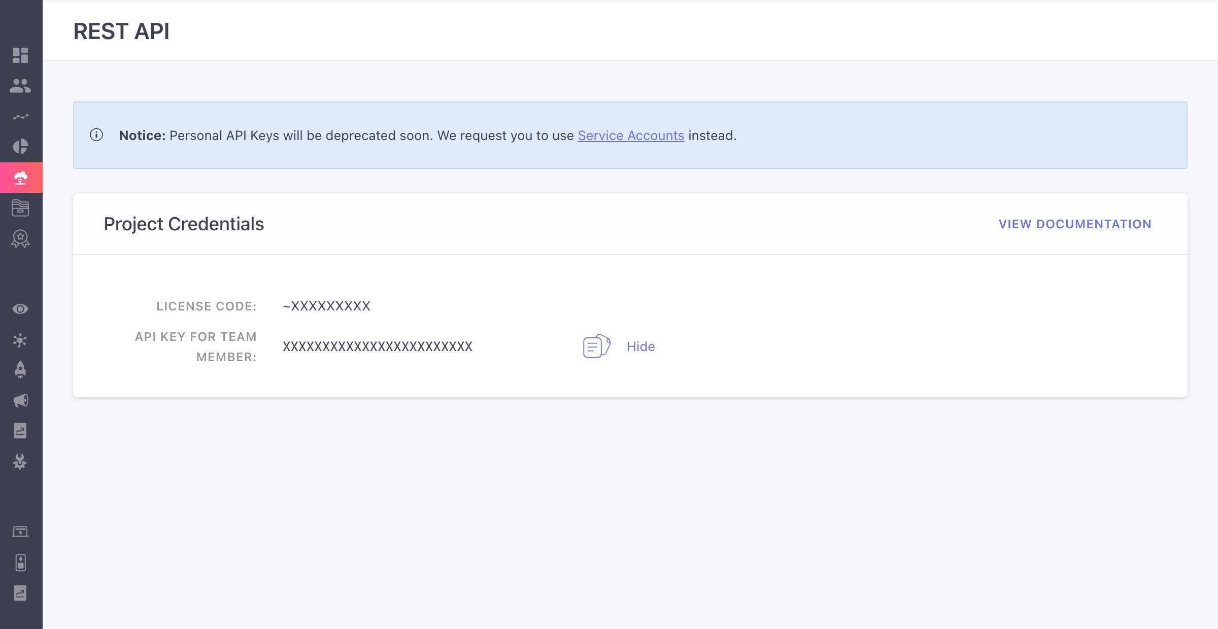 WebEngage REST API screen showing Project Credentials with License Code and API Key for Team Member
