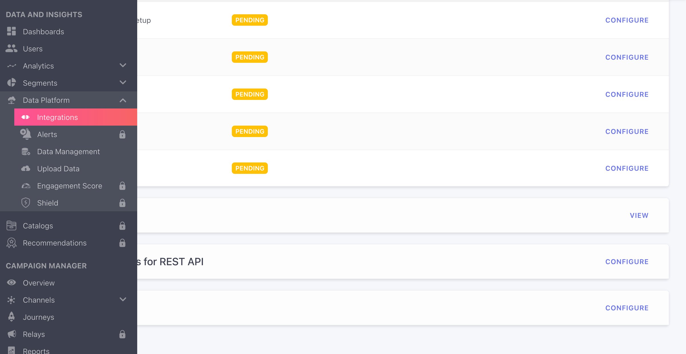 WebEngage dashboard sidebar showing Data Platform, Integrations, and the REST API View action