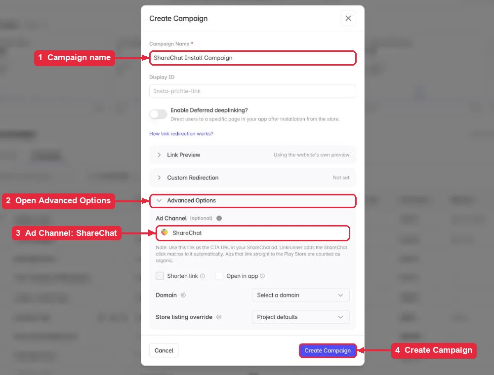 Creating a ShareChat campaign link in Linkrunner