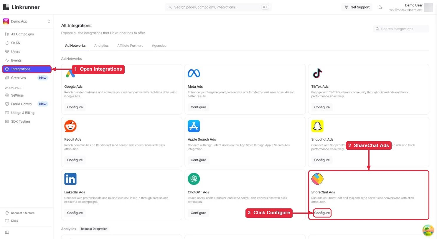 The ShareChat Ads card on the Linkrunner Integrations page
