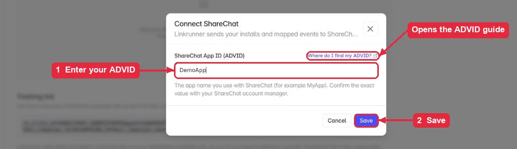 Entering the ShareChat App ID (ADVID) in Linkrunner
