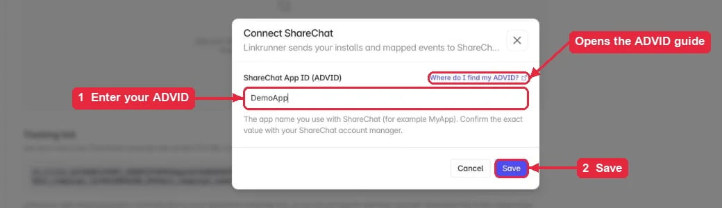 Entering the ShareChat App ID (ADVID) in Linkrunner