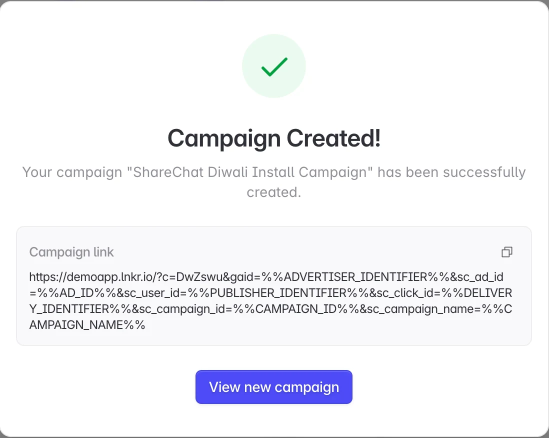 A ShareChat campaign link with the click macros added