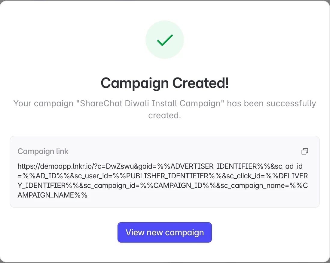 A ShareChat campaign link with the click macros added