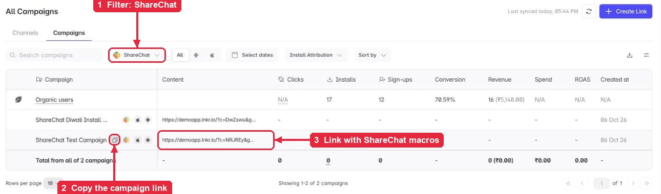 Copying a ShareChat campaign link from All Campaigns
