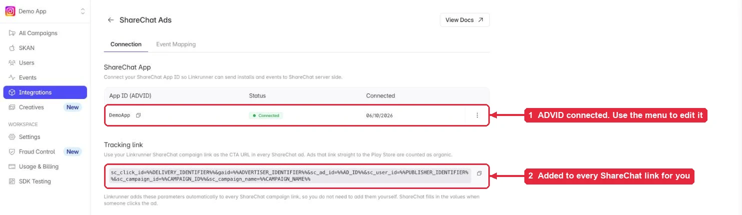 The connected ShareChat app in Linkrunner