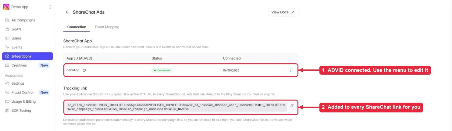 The connected ShareChat app in Linkrunner