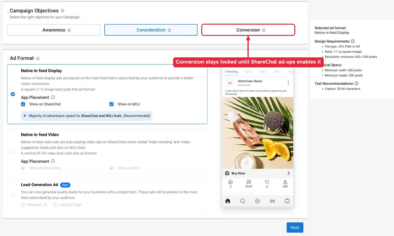 Campaign objective and ad format in ShareChat