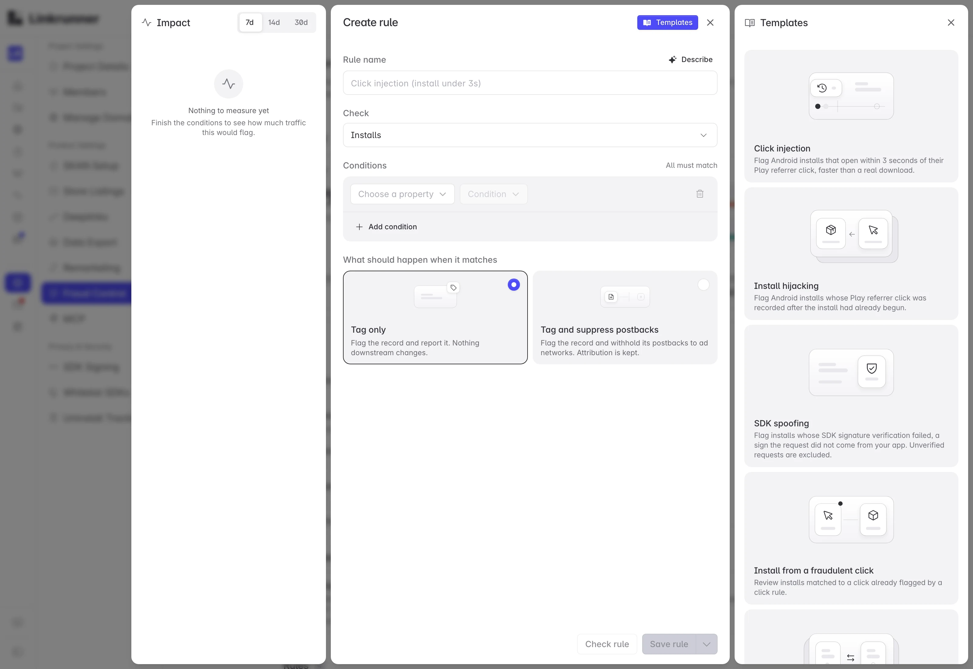 Rule builder with the template gallery open, showing click injection, install hijacking, SDK spoofing, and install from a fraudulent click