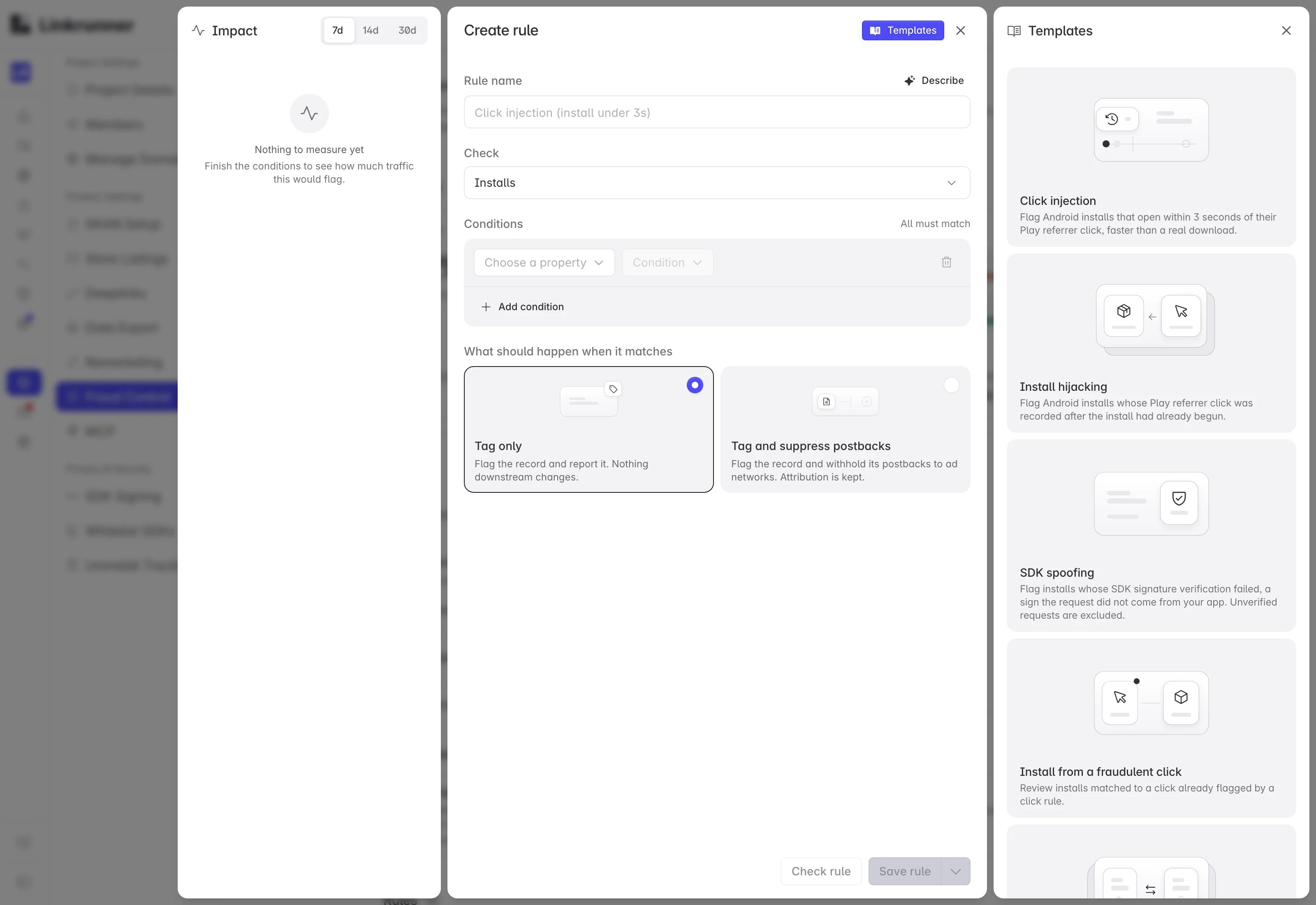 Rule builder with the template gallery open, showing click injection, install hijacking, SDK spoofing, and install from a fraudulent click