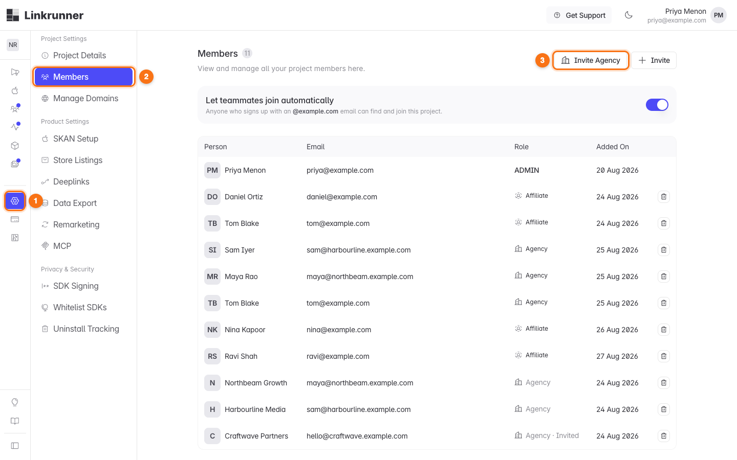 Settings, then Members, then the Invite Agency button