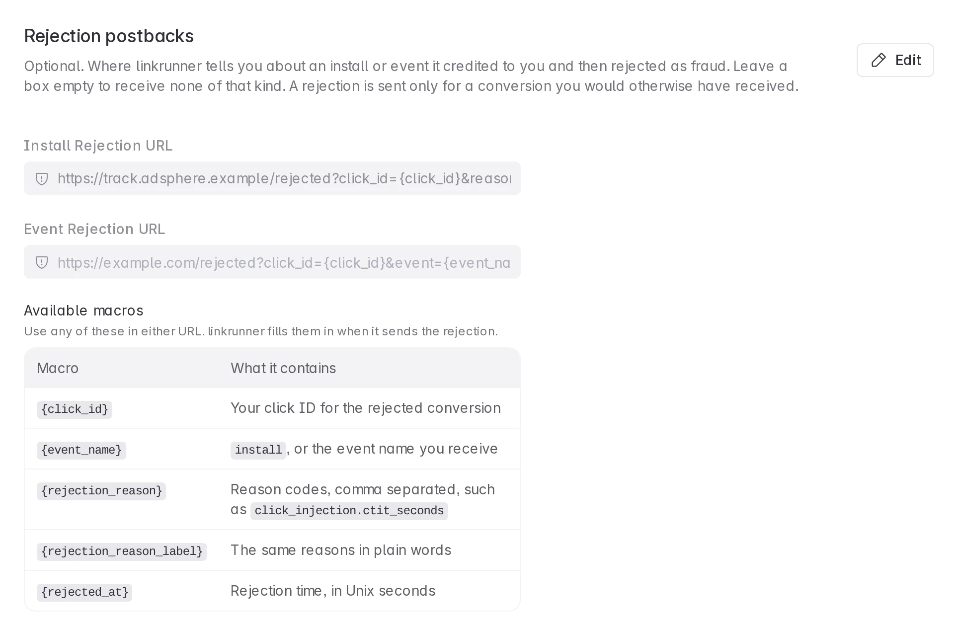 The Rejection postbacks section in affiliate Settings, with both URLs and the list of macros you can use