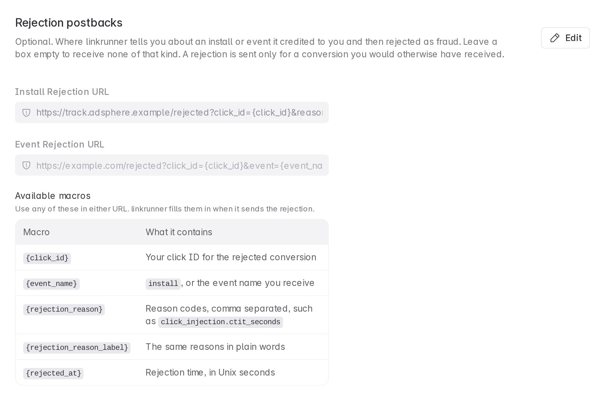 The Rejection postbacks section in affiliate Settings, with both URLs and the list of macros you can use