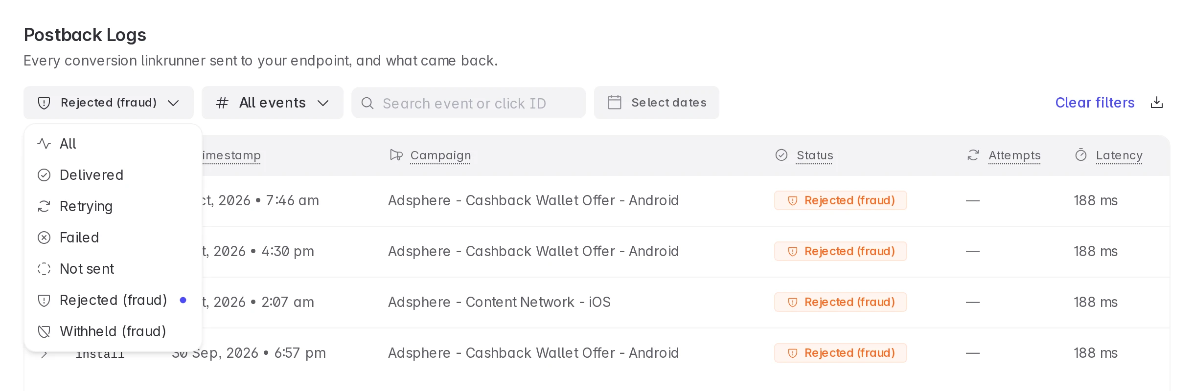 The status filter open on Postback Logs, with Rejected (fraud) selected and only rejected conversions in the list