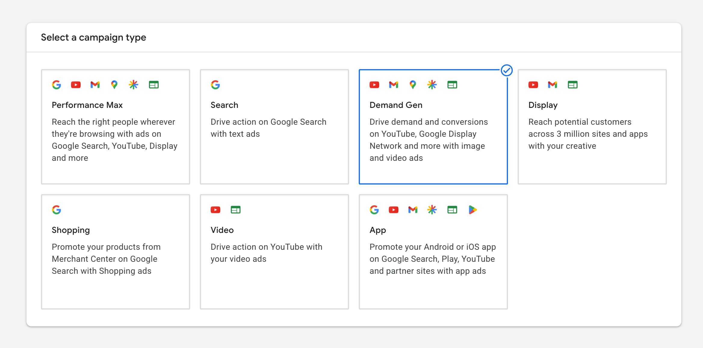 Google Ads campaign type screen with Demand Gen selected