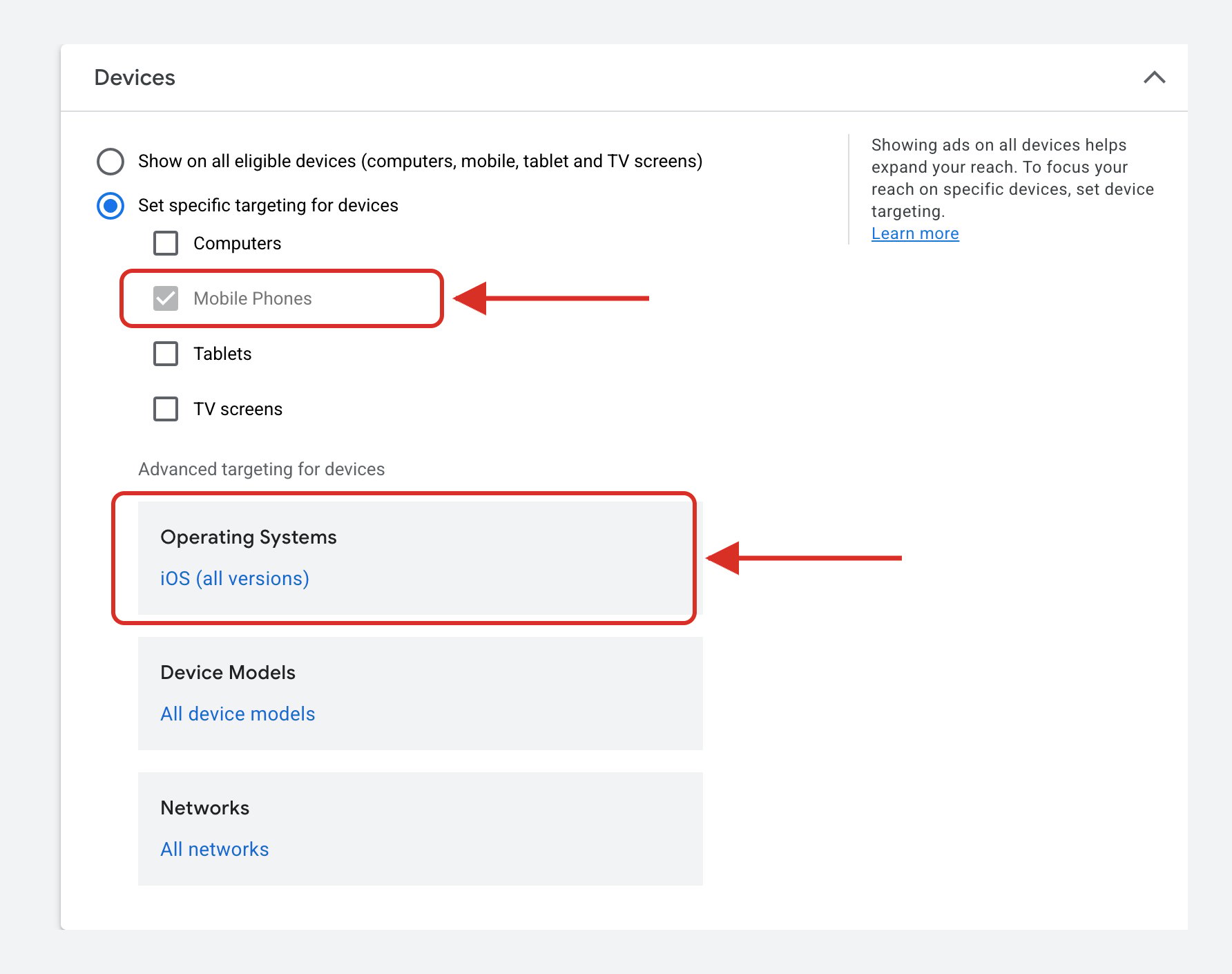 Google Ads Demand Gen Devices section with Mobile Phones checked and iOS selected under Operating Systems