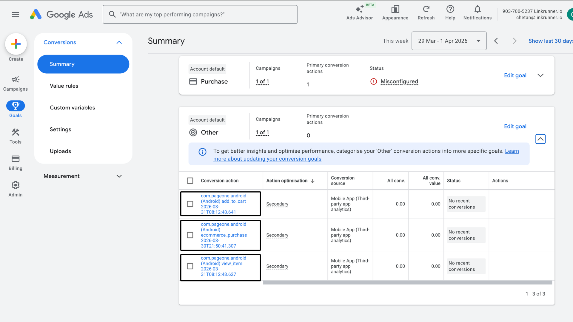 Google Ads Goals Summary showing ecommerce conversion events