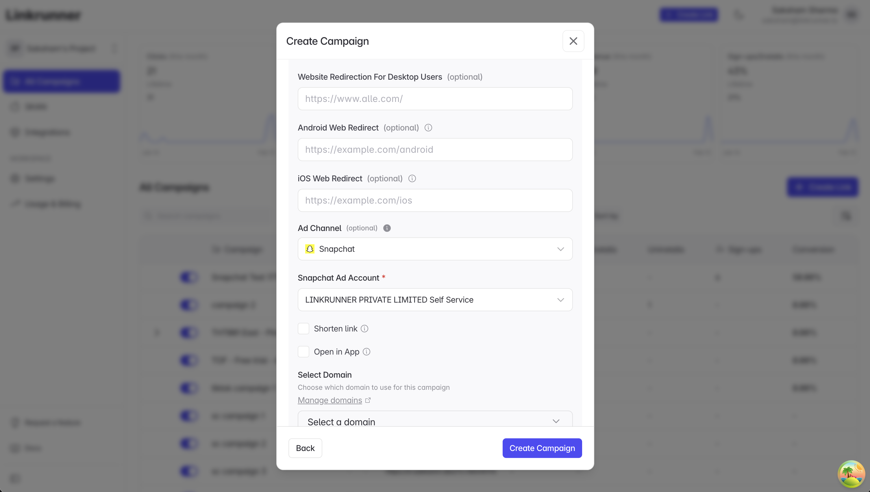 Linkrunner - Create Snapchat Campaign