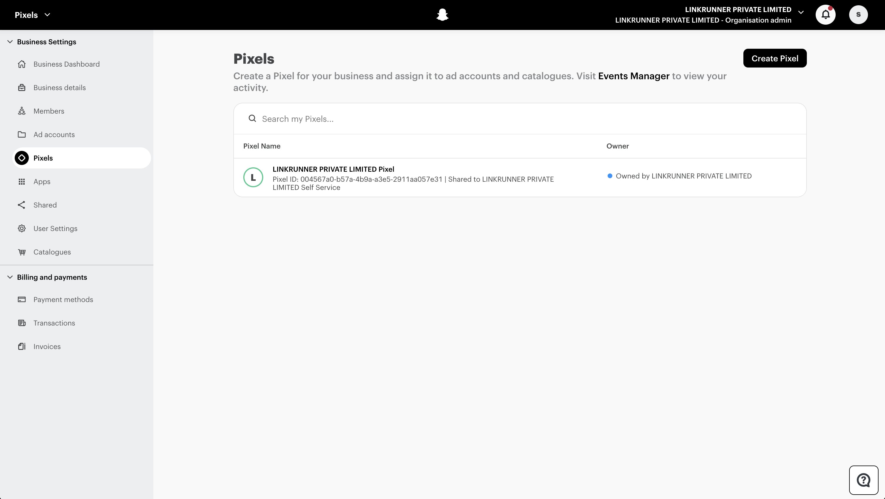 Snapchat Ads Manager - Create Pixel