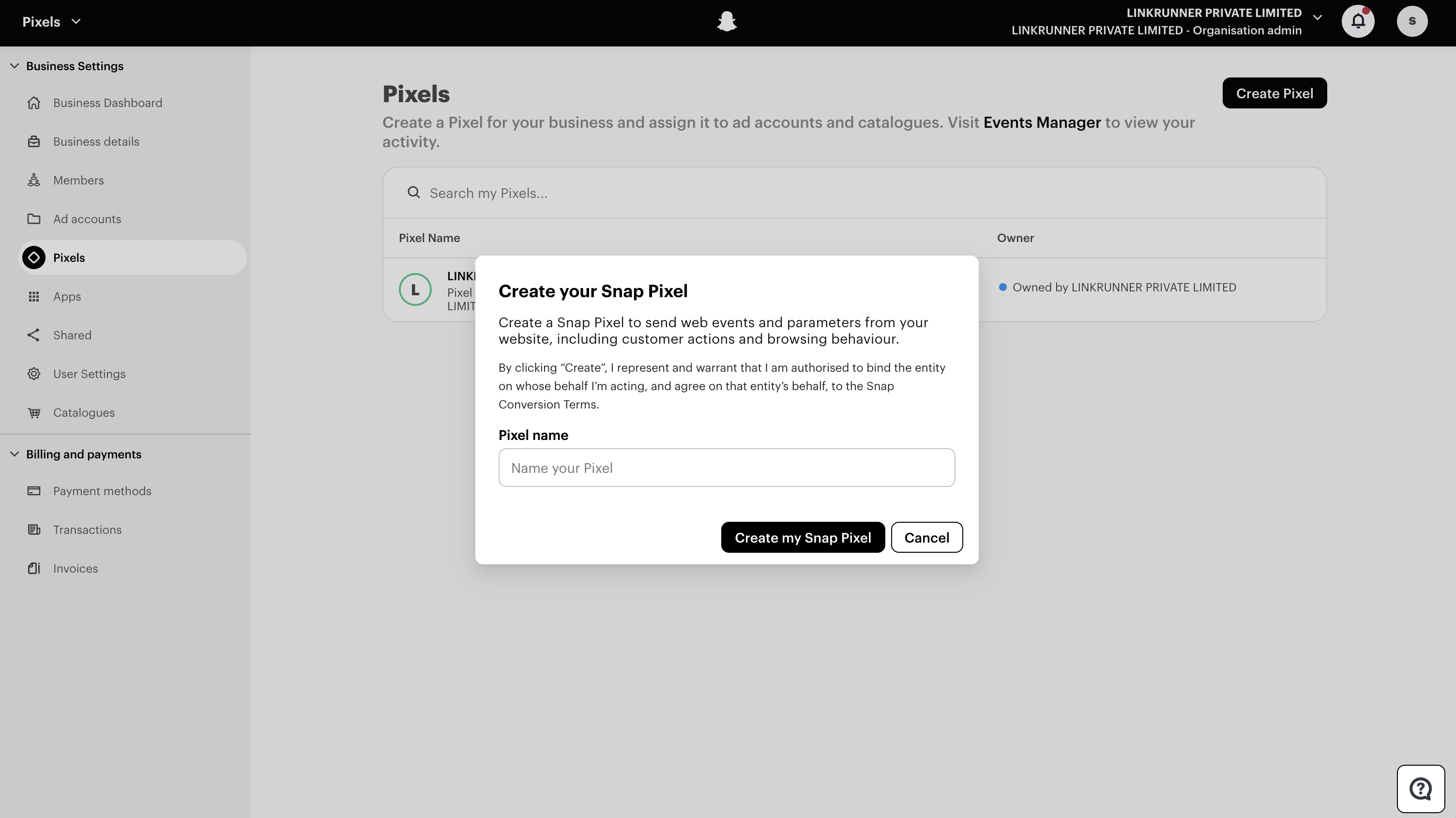 Snapchat Ads Manager - Name Pixel