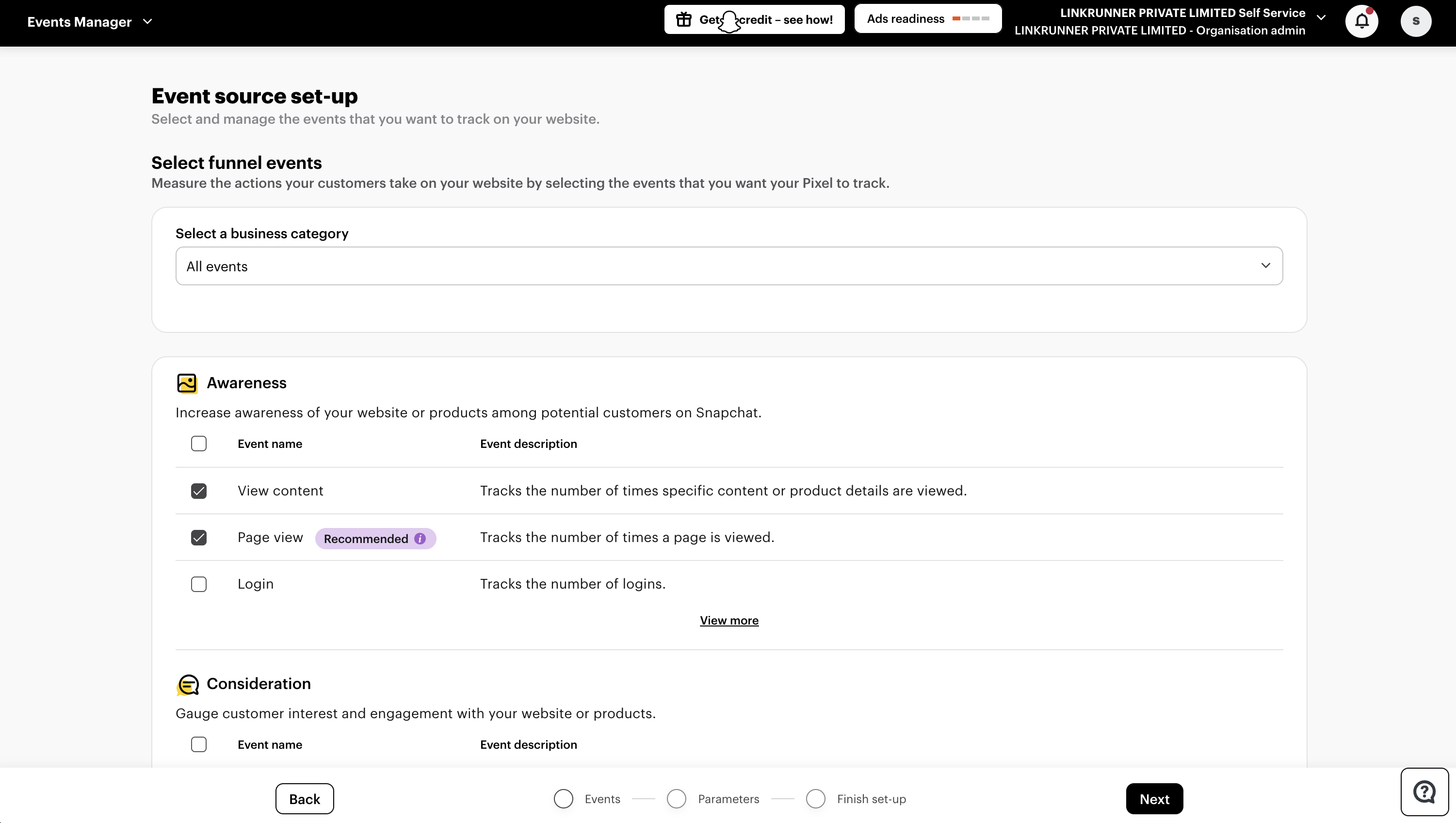 Snapchat Ads Manager - Select Events