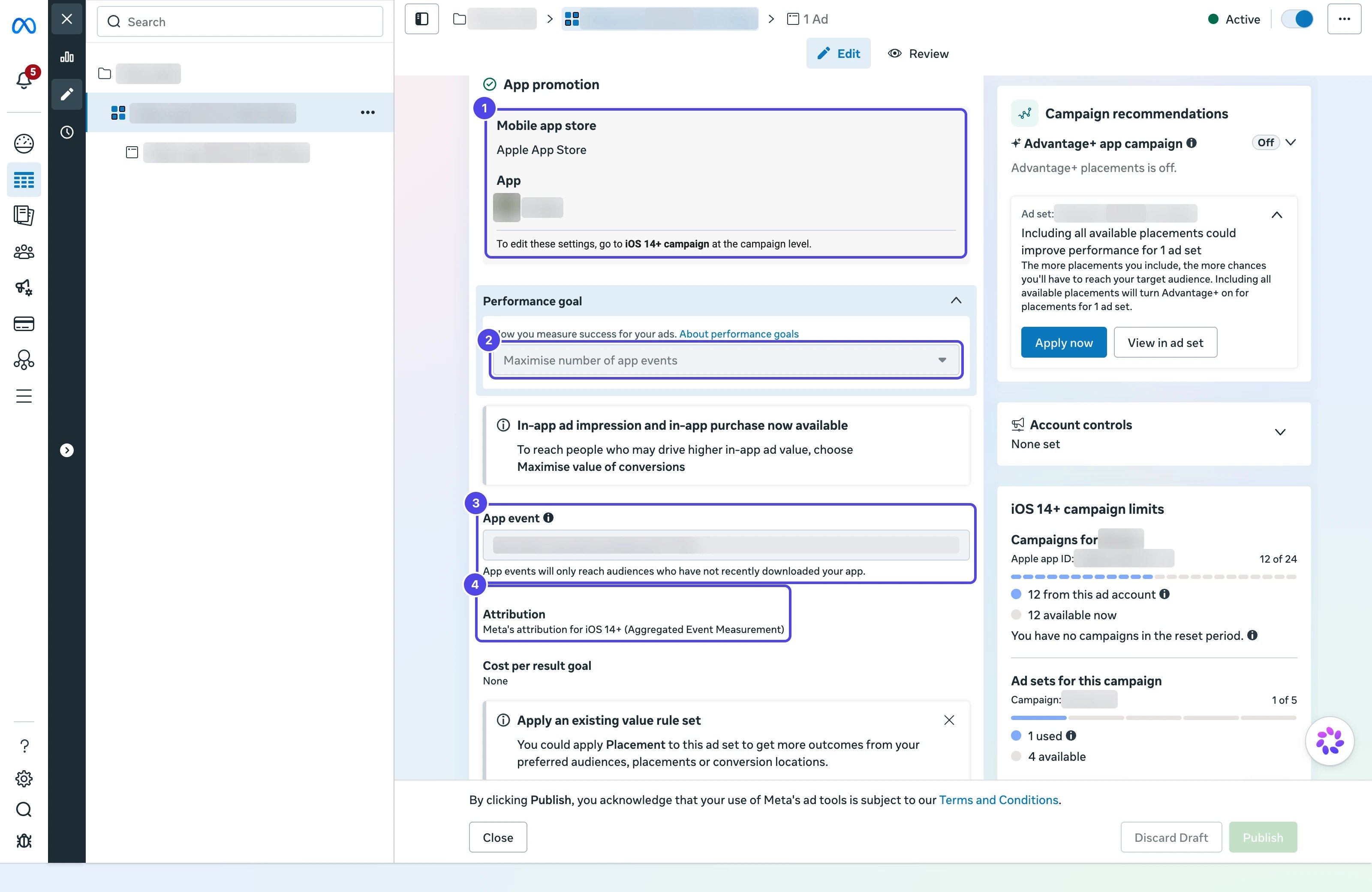 Ad set editor with the Apple App Store and app, performance goal, app event, and attribution settings highlighted