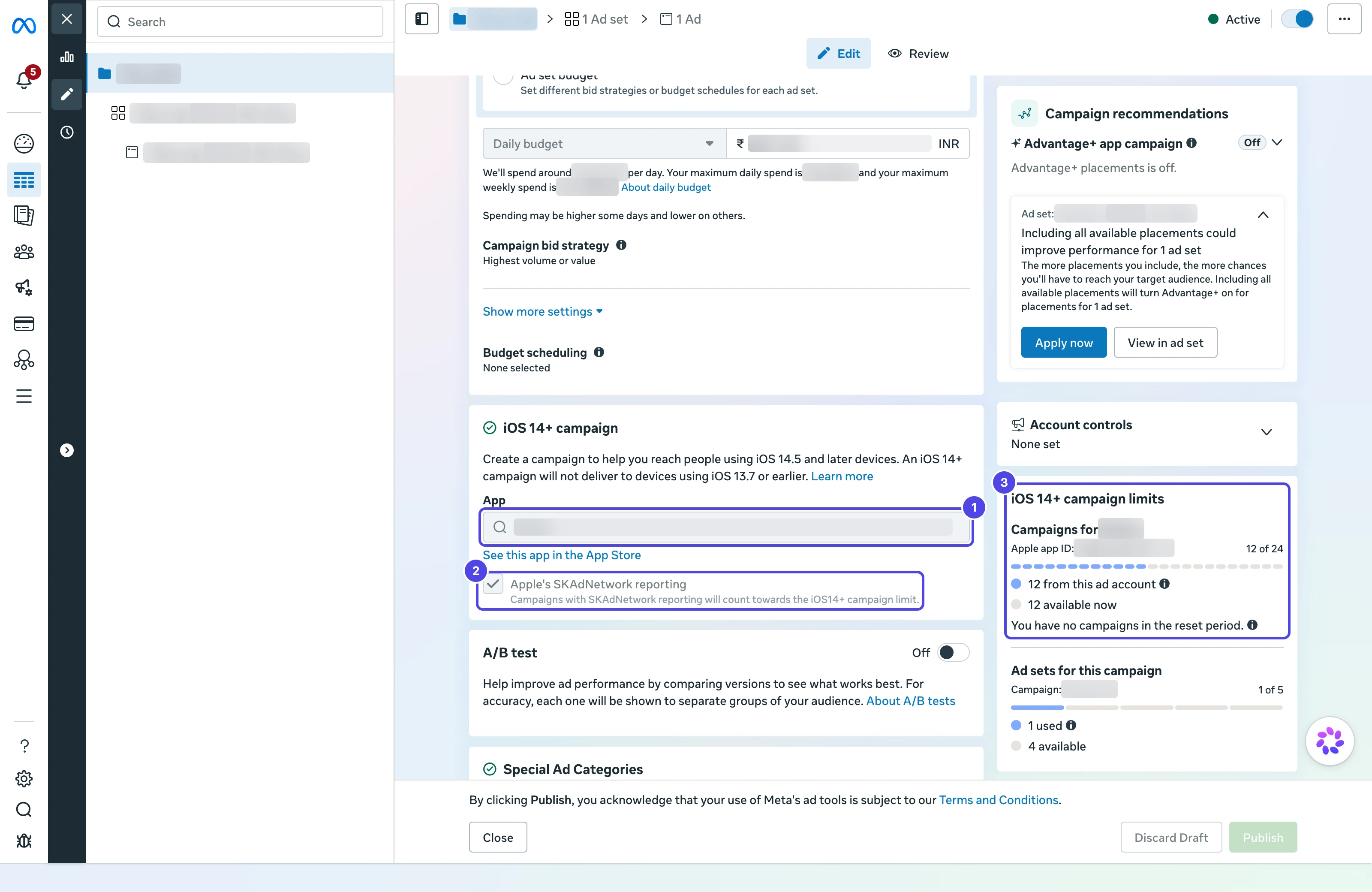 Campaign editor with the iOS 14+ campaign App field, the Apple's SKAdNetwork reporting checkbox, and the iOS 14+ campaign limits panel highlighted
