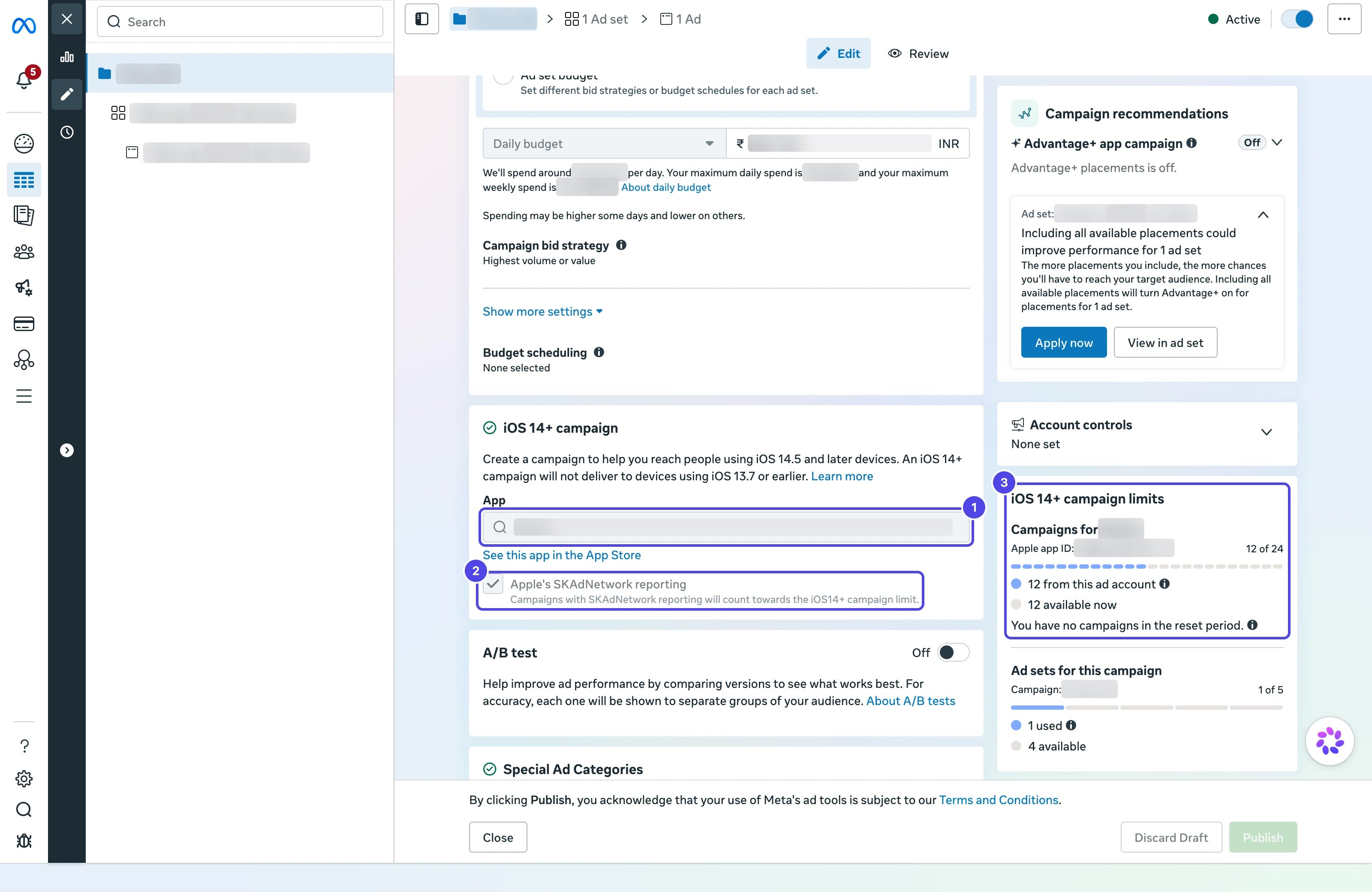 Campaign editor with the iOS 14+ campaign App field, the Apple's SKAdNetwork reporting checkbox, and the iOS 14+ campaign limits panel highlighted
