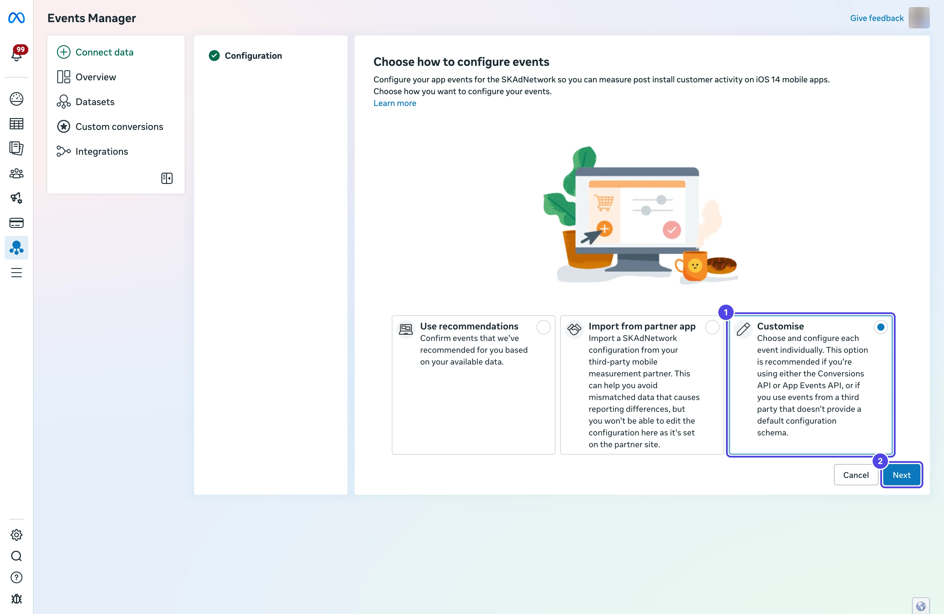 Choose how to configure events step with Customise selected as 1 and the Next button as 2