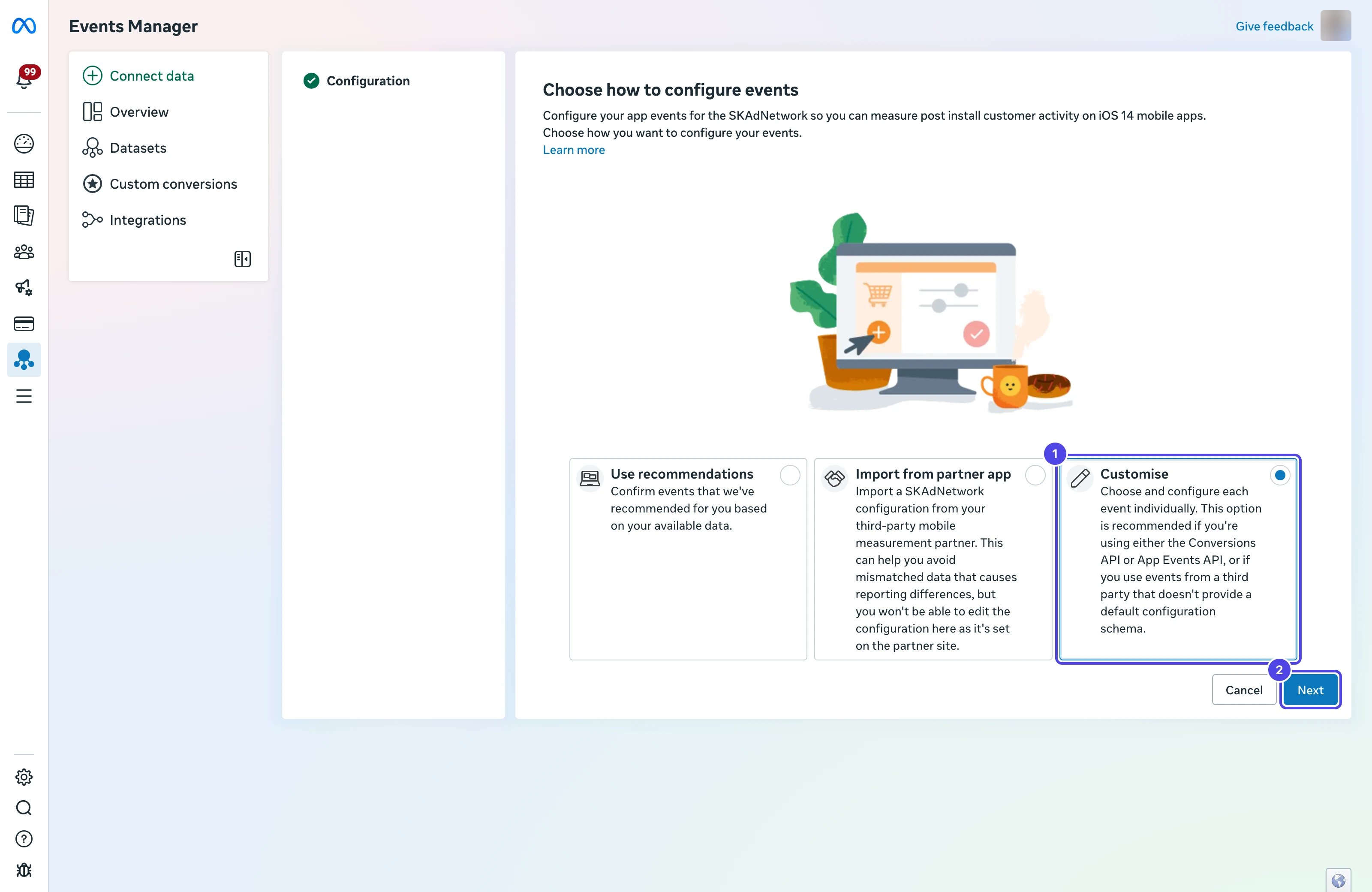 Choose how to configure events step with Customise selected as 1 and the Next button as 2