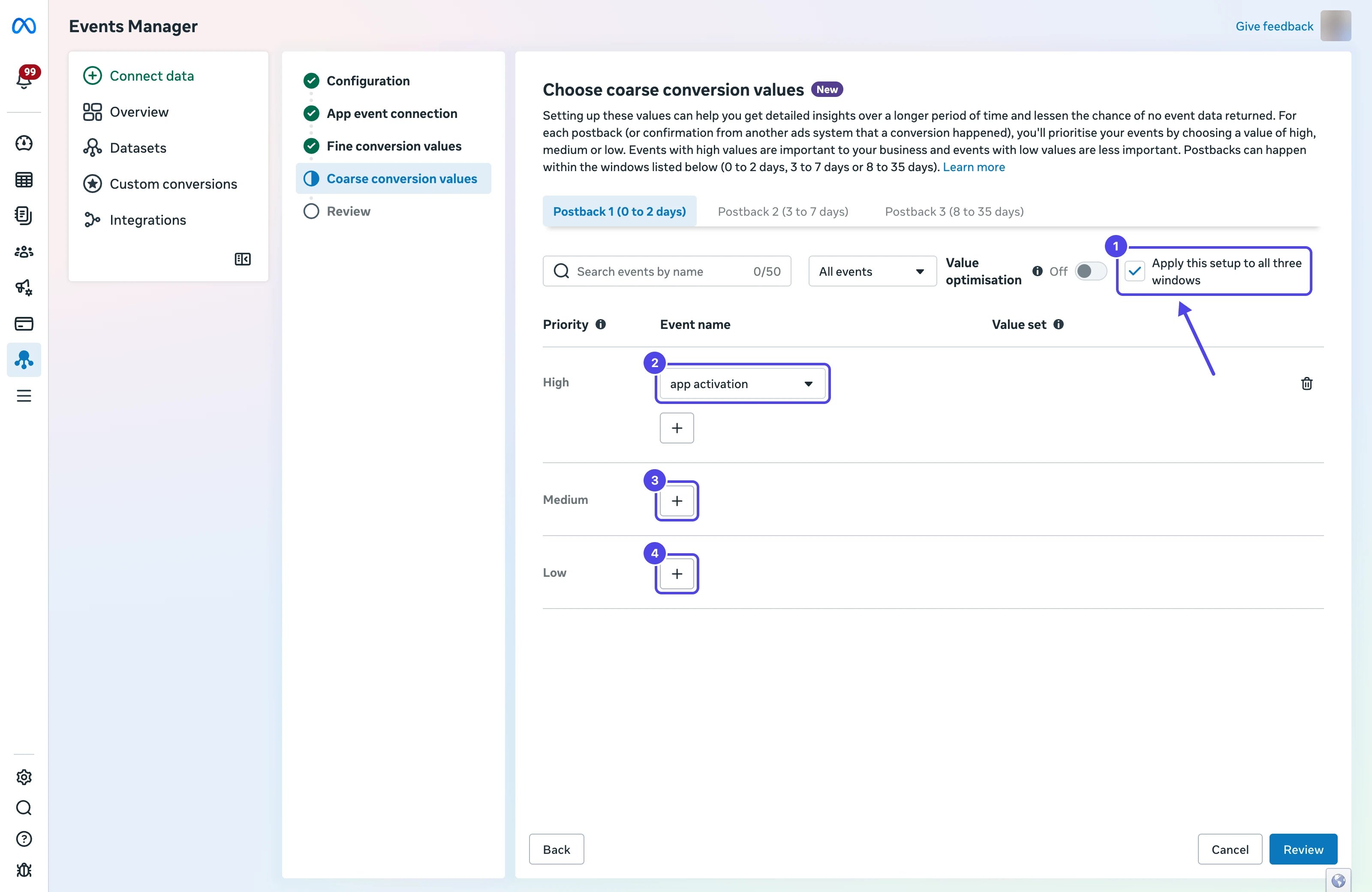 Choose coarse conversion values step with an arrow to the Apply this setup to all three windows checkbox as 1, the High event as 2, and the add buttons for Medium and Low as 3 and 4