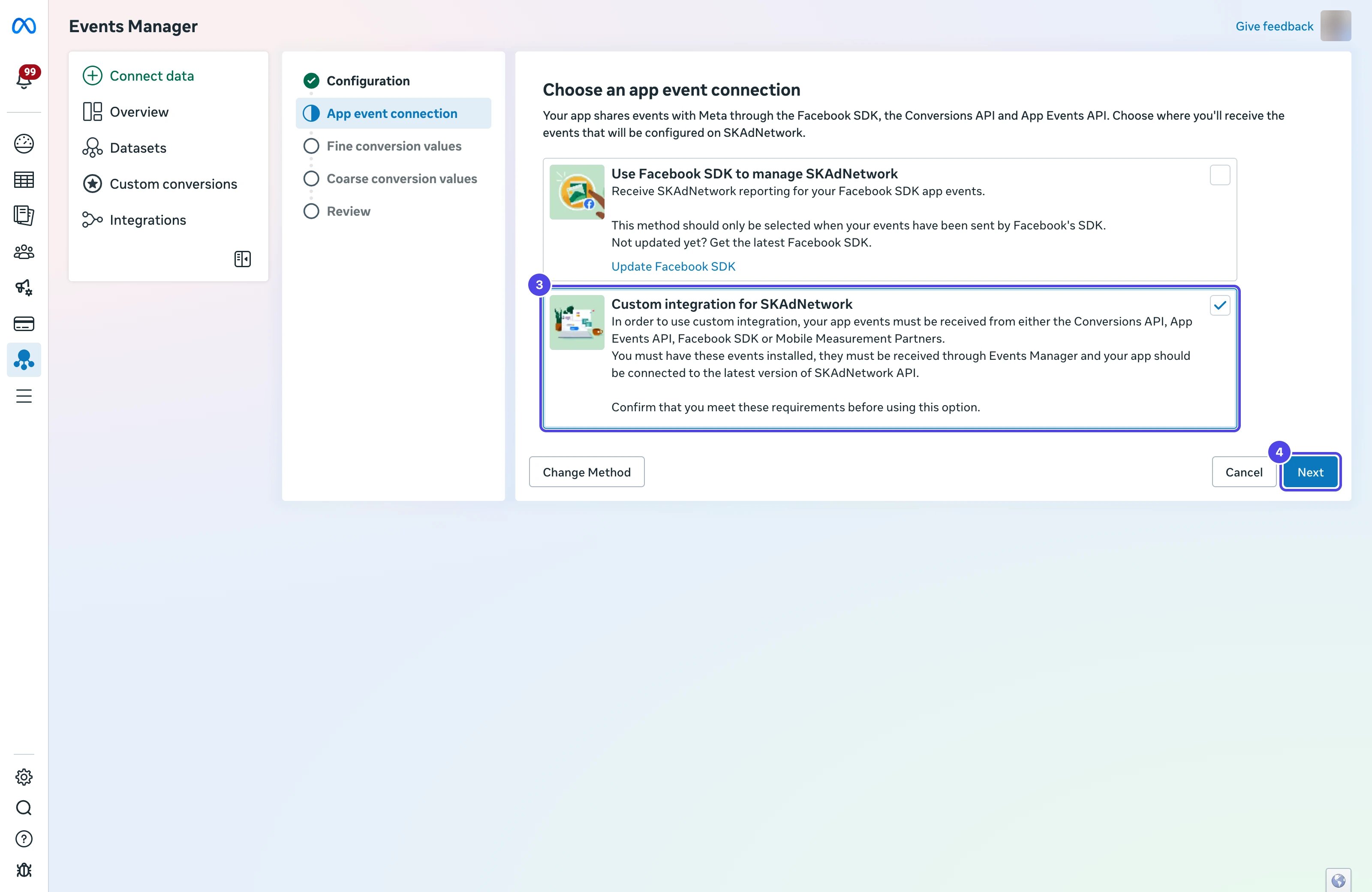 Choose an app event connection step with Custom integration for SKAdNetwork selected as 3 and the Next button as 4