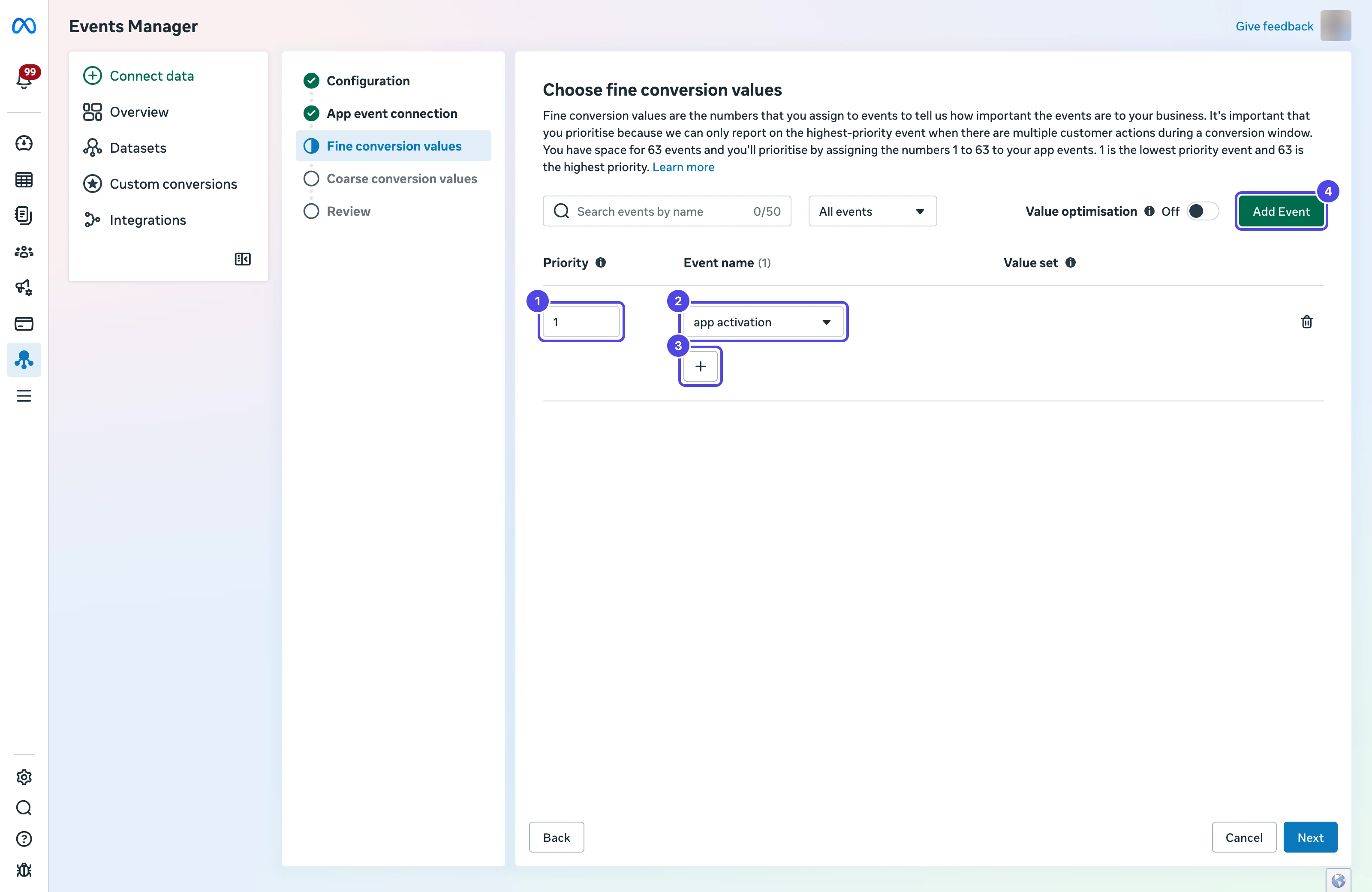 Choose fine conversion values step with the Priority field set to 1 as 1, the event dropdown as 2, the add bundled event button as 3, and the Add Event button as 4