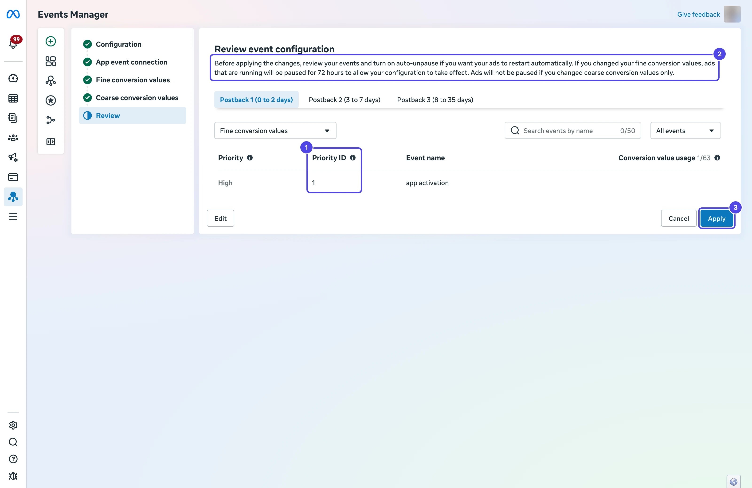 Review event configuration step with the Priority ID column as 1, the 72-hour pause notice as 2, and the Apply button as 3