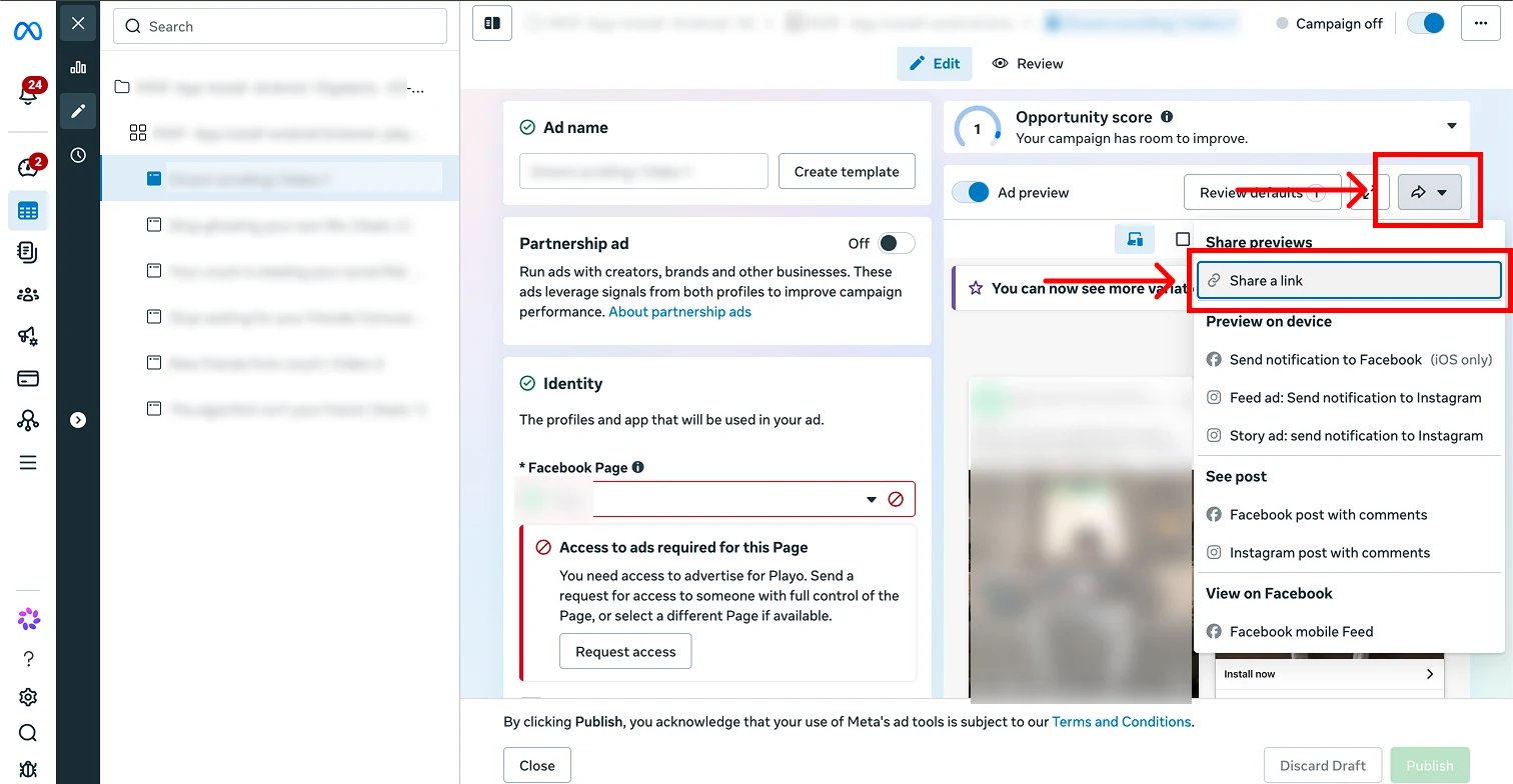 Share a Meta ad preview link in Ads Manager