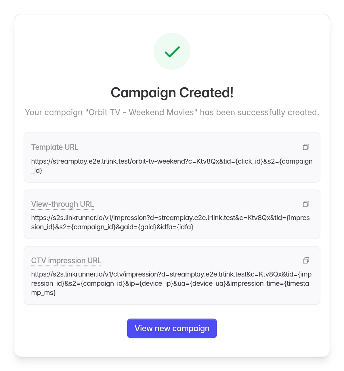 Campaign Created with the Template URL, View-through URL and CTV impression URL