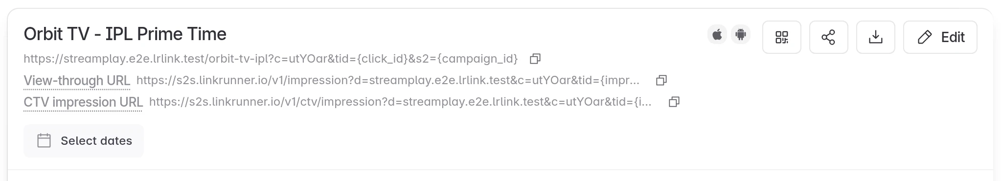 The campaign details header with the CTV impression URL and its copy button