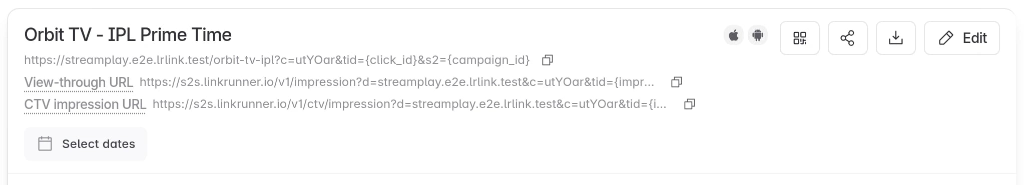 The campaign details header with the CTV impression URL and its copy button