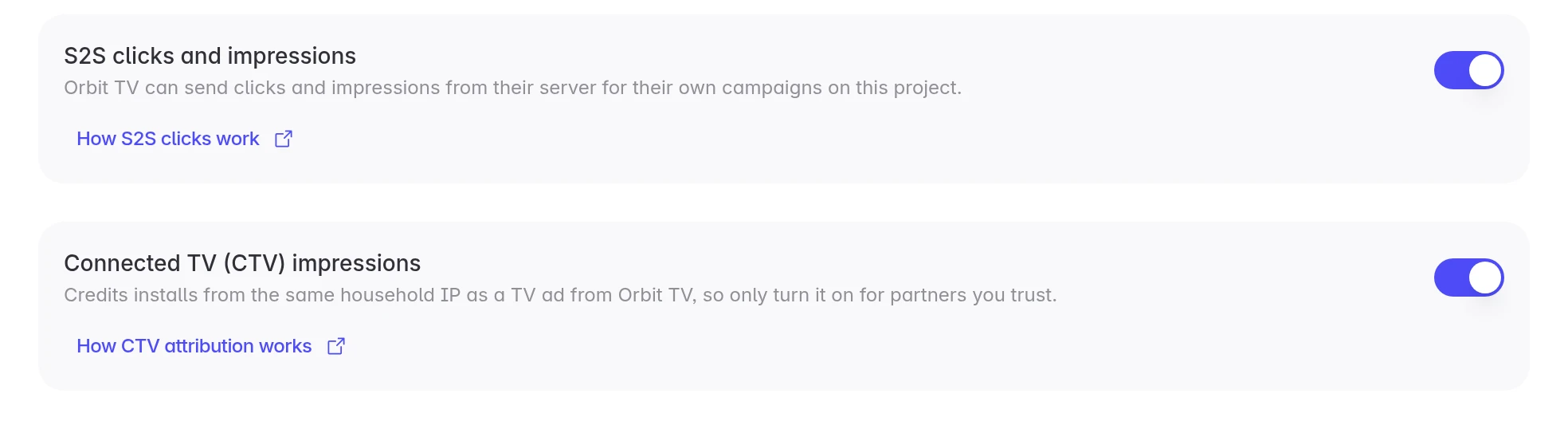 The partner's Configure page with S2S clicks and impressions and Connected TV (CTV) impressions both on