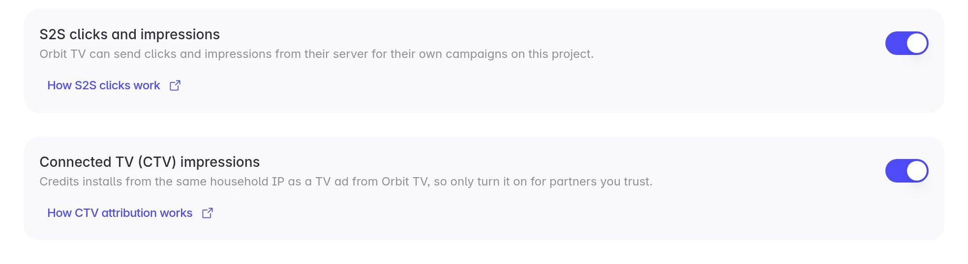 The partner's Configure page with S2S clicks and impressions and Connected TV (CTV) impressions both on