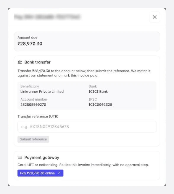 The Pay Now dialog, showing the amount due, the account to transfer to, and the field for your transfer reference