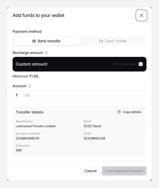 The Add funds dialog, with the payment method chosen, the amount, and the account to transfer to
