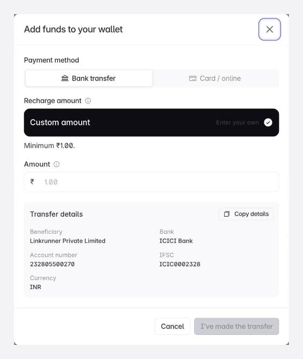 The Add funds dialog, with the payment method chosen, the amount, and the account to transfer to