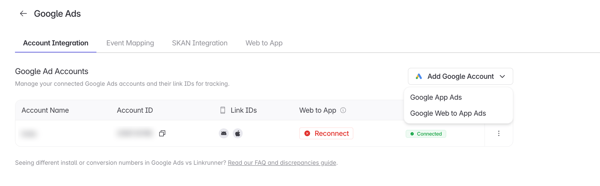 Add Google Account dropdown with Google App Ads and Google Web to App Ads options