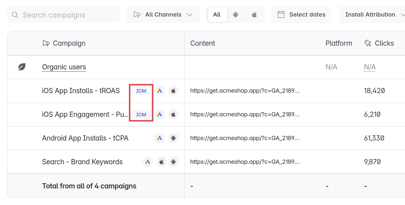 Linkrunner Campaigns list filtered to Google, with the ICM tag next to a campaign name